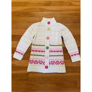 Jillian's Closet Girls Cardigan‎ Sweater Size 4 White Pink Green Heart Fair Isle
